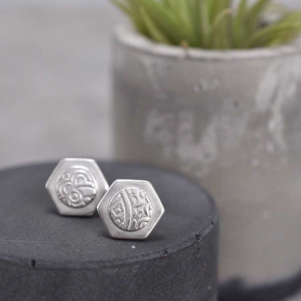 Hexagon shape textured silver stud earrings by Article Jewellery