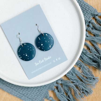 Navy and white spot painted wooden bead earrings with hook fittings by Sea Pink Studio