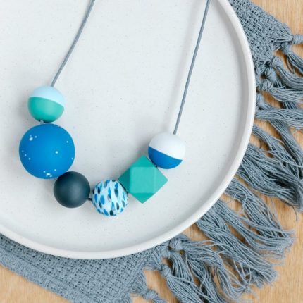 Green and blue painted wooden bead necklace by Sea Pink Studio