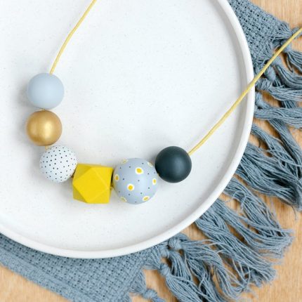 Grey and yellow painted wooden bead necklace by Sea Pink Studio