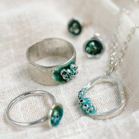 Two Rings, Earrings And Pendant Set Of Bamacle Inspired Enamelled Jewellery By Silver Sapling