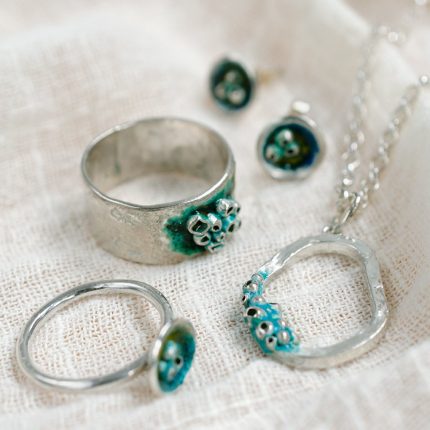 Two rings, earrings and pendant set of Bamacle Inspired Enamelled Jewellery by Silver Sapling