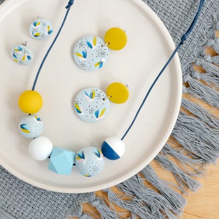 Blue and Yellow Flushing Wooden Bead Jewellery handpainted by Sea Pink Studio