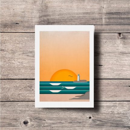 Contemporary illustration print of waves at Godrevy lighthouse by Single Fin Collective