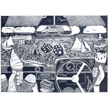 Up Point with Mr Whippy Limited Edition Navy Lino Print by Lino Lord Press