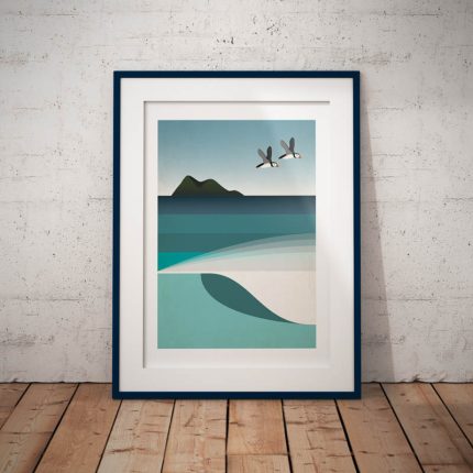 Framed contemporary illustration print of waves with two puffins flying overhead by Single Fin Collective