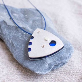 Blue Mirrored Acrylic And Pewter Pendant