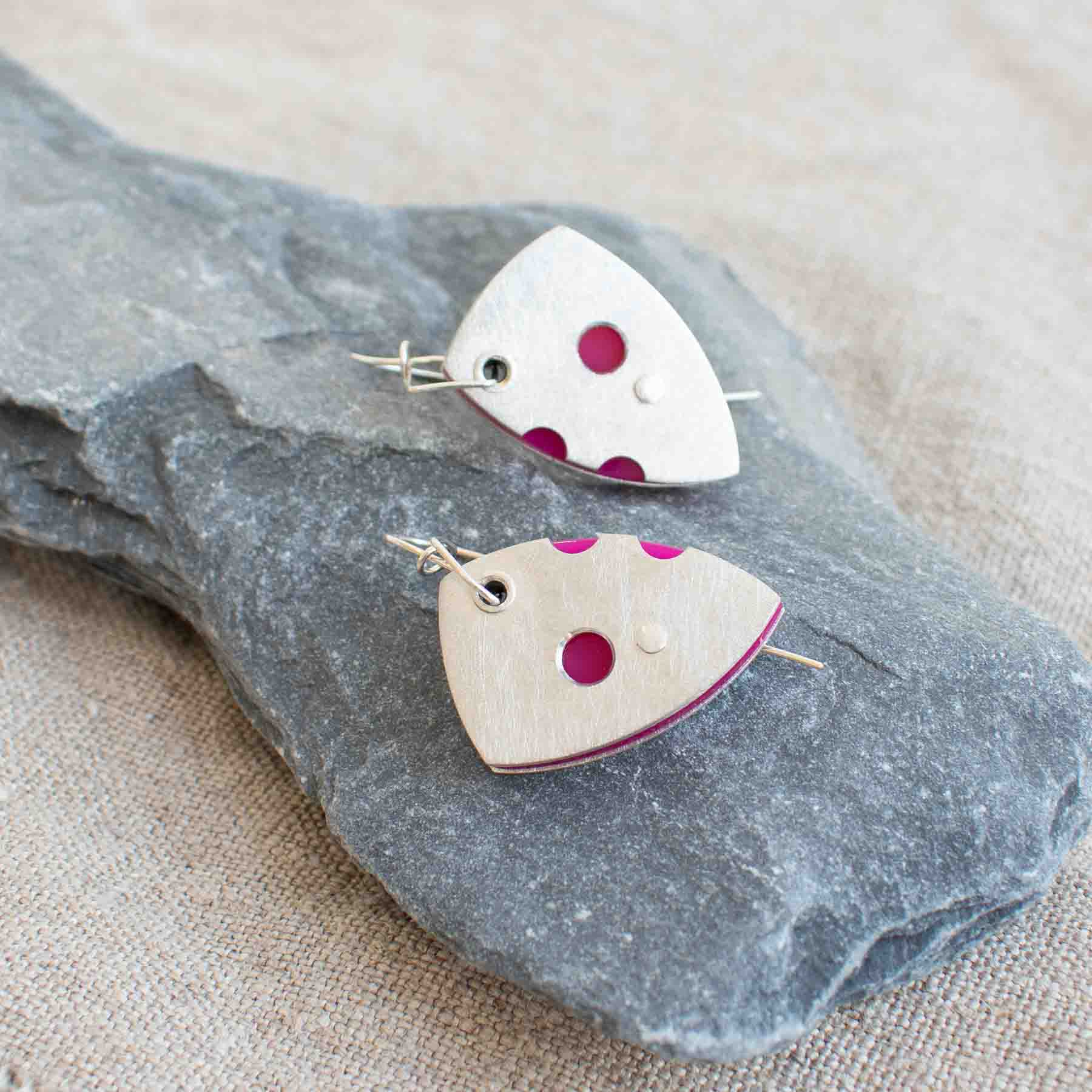 Pair of pink perspex and pewter contemporary drop earrings by Ceciel Van Oevelen