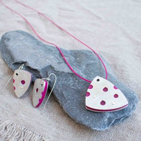 Pair Of Pink Perspex And Pewter Contemporary Drop Earrings And Matching Pendant On Waxed Pink Cord By Ceciel Van Oevelen