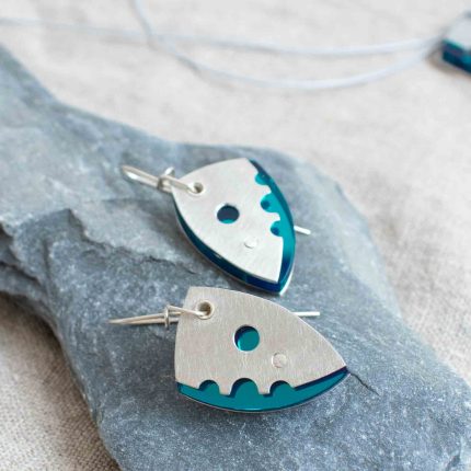 Pair of teal perspex and pewter contemporary drop earrings by Ceciel Van Oevelen