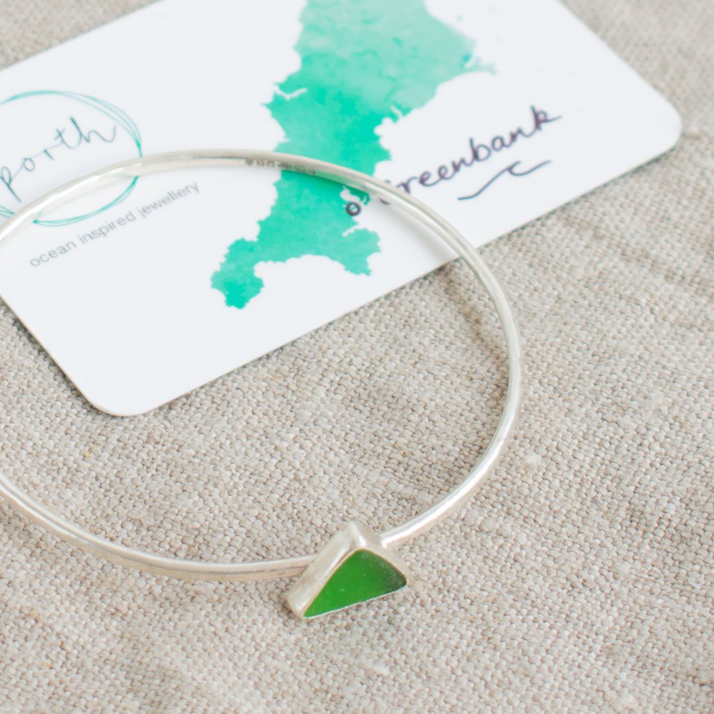 Silver Bangle with green sea glass pendant