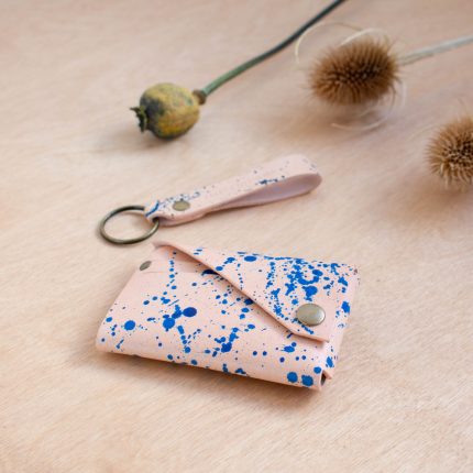 Natural leather wallet and keyring with handpainted blue splat pattern by Wild Origin