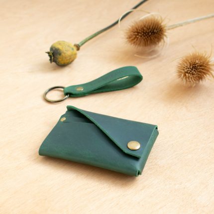 Green leather wallet with keyring by Wild Origin