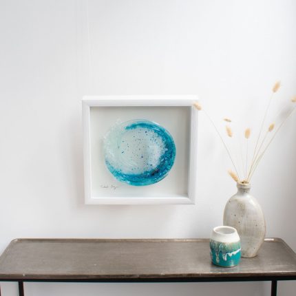 Fused glass blue wave artwork in white box frame by Dreya Glass