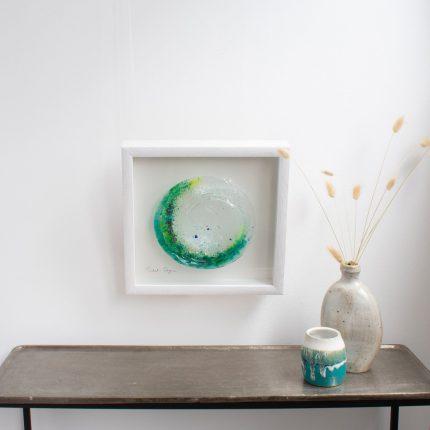 Fused glass green wave artwork in white box frame by Dreya Glass