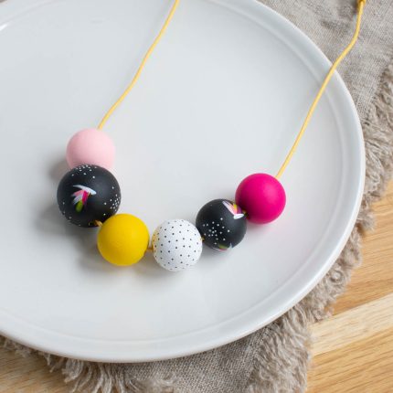 Dark Abstract wooden bead necklace on yellow cord handpainted by Sea Pink Studio