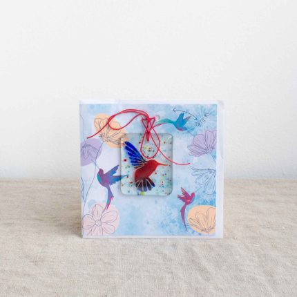 Fused glass hummingbird decoration with card by Dreya Glass