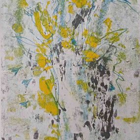 Close Up Of Yellow And Blue Monoprint Of Flowers In A Vase By Pip Barfield