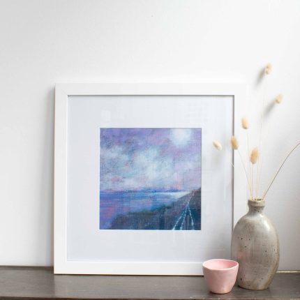 White framed, semi-abstract painting of the Trefusis Headland at dusk by Mick Dobie