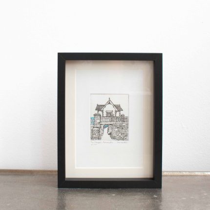 Black framed with mount etching of The Chapel, Falmouth, with a hint of watercolour, by Mo Nicklin