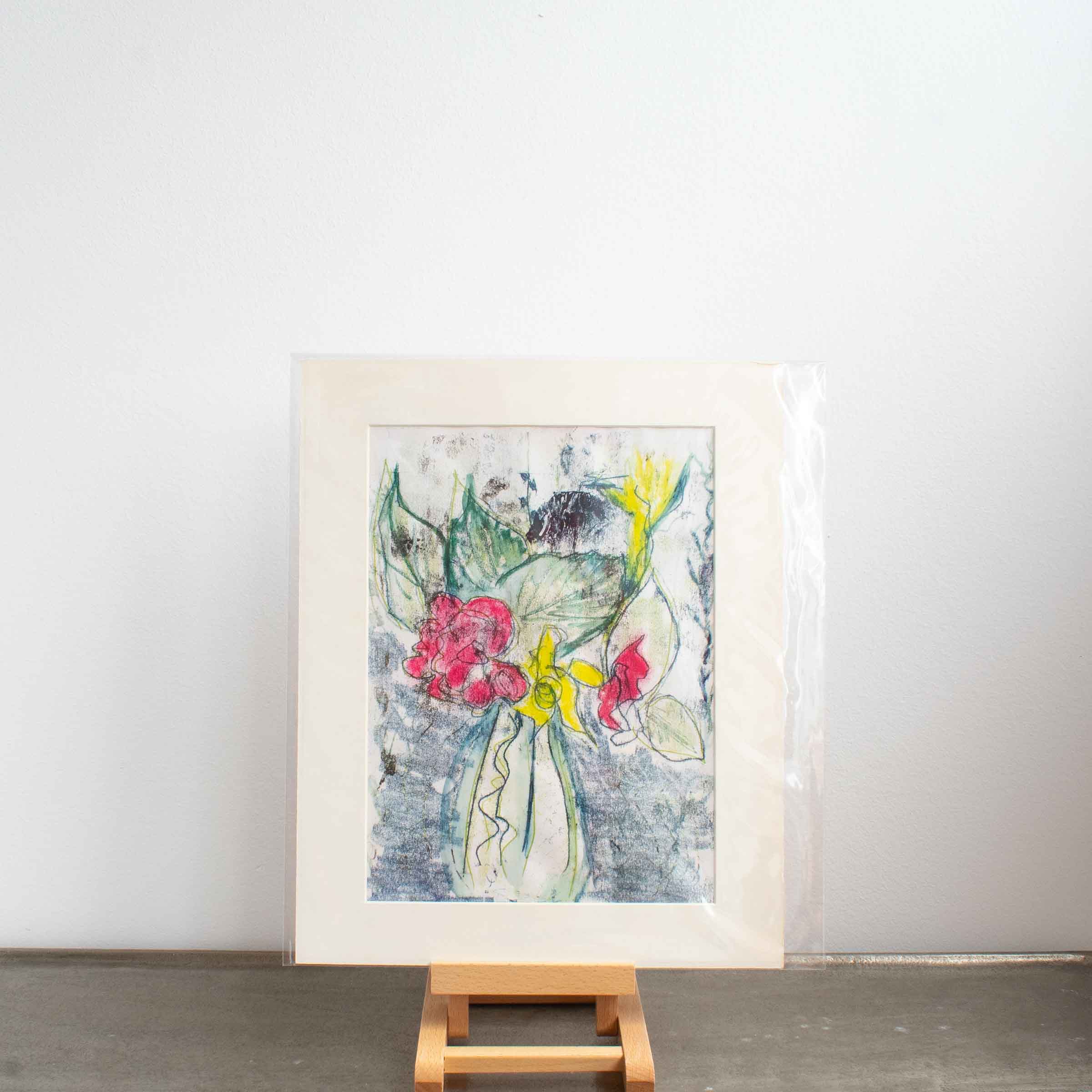 Monoprint of yellow daffodils and pink roses in a vase by Pip Barfield