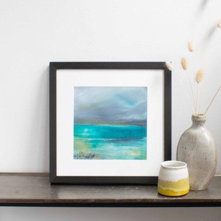 Abstract square acrylic painting of the view of the sea across the bay by Maggie Cochran in a black frame