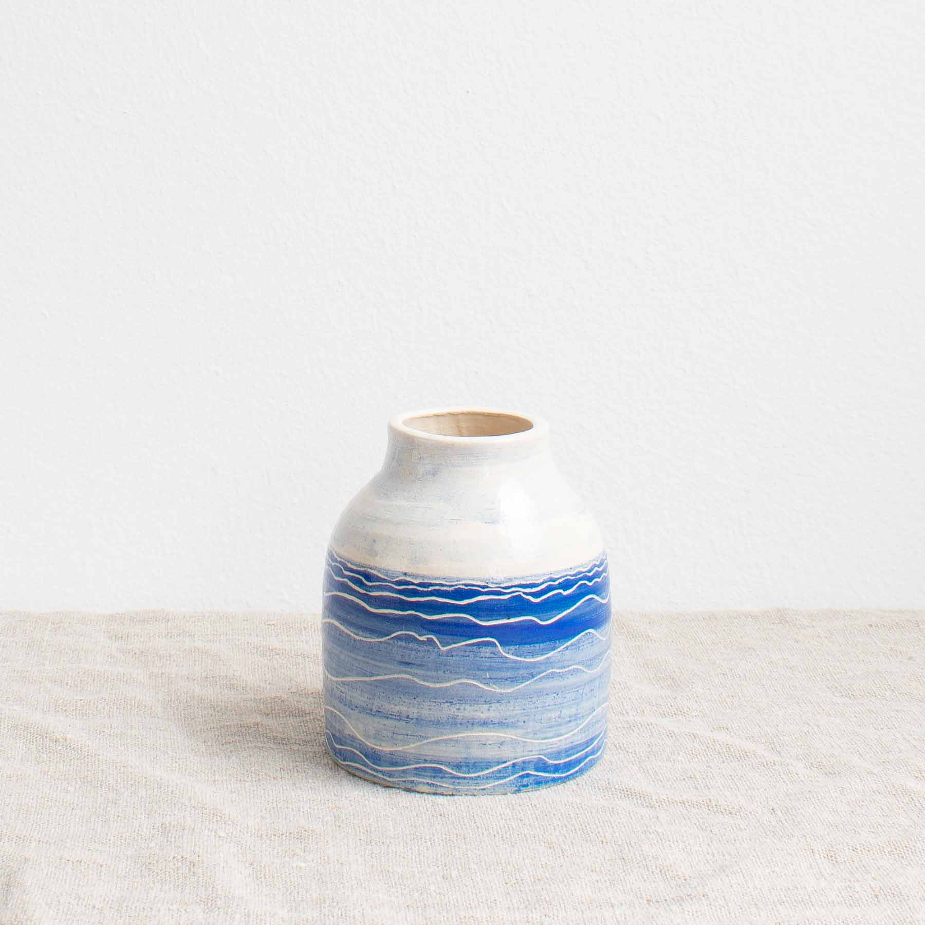 Blue and White Vase with scribed wave lines by Michelle Foote