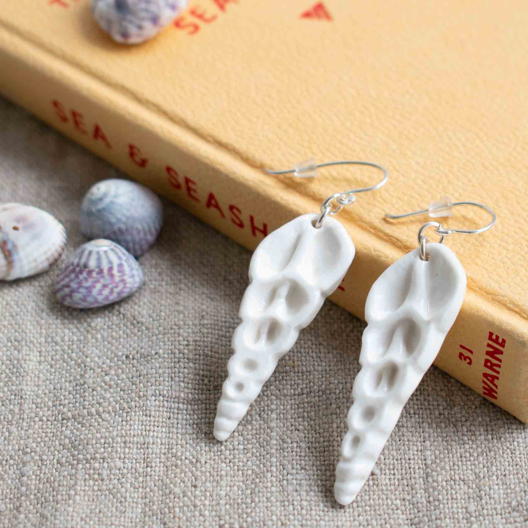 Porcelain Spiral Shell earrings on silver hooks handmade by Rach Richardson