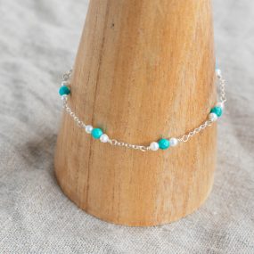 Turquoise, Pearl Bead And Silver Chain Adjustable Bracelet By Sarah De Larrinaga