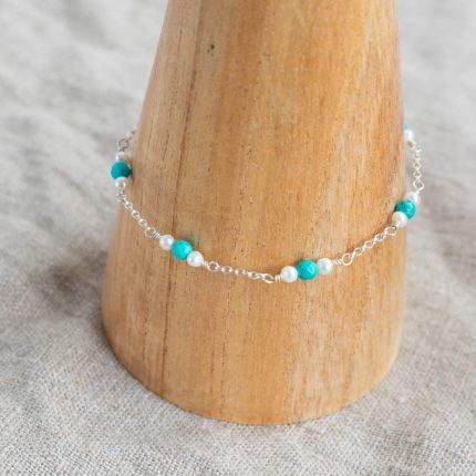 Turquoise, pearl bead and silver chain adjustable bracelet by Sarah de Larrinaga