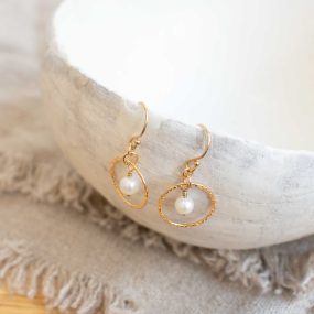 White Freshwater Pearl & Gold Filled Circle Earrings