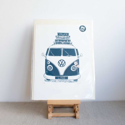 Blue lino print of a VW Camper by Lino Lord Press