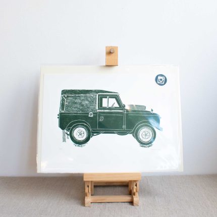 Dark green lino print of a Landrover by Lino Lord Press