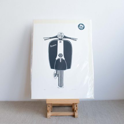 Deep blue lino print of a Vespa by Lino Lord Press