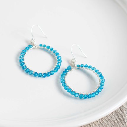 Blue Topaz Wire Wrapped Silver Hoops - Image 2