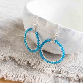 Blue Topaz Wire Wrapped Silver Hoops