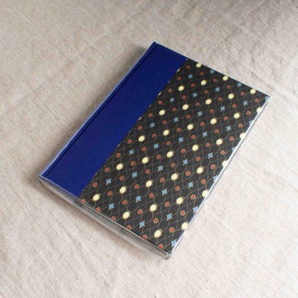 A5 handcrafted book with dark blue spine and black ditsy patterned paper cover by Books n Boxes