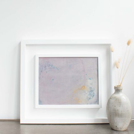 Original oil and cold wax abstract artwork in shades of pink in a white wood frame by Helen Leaver