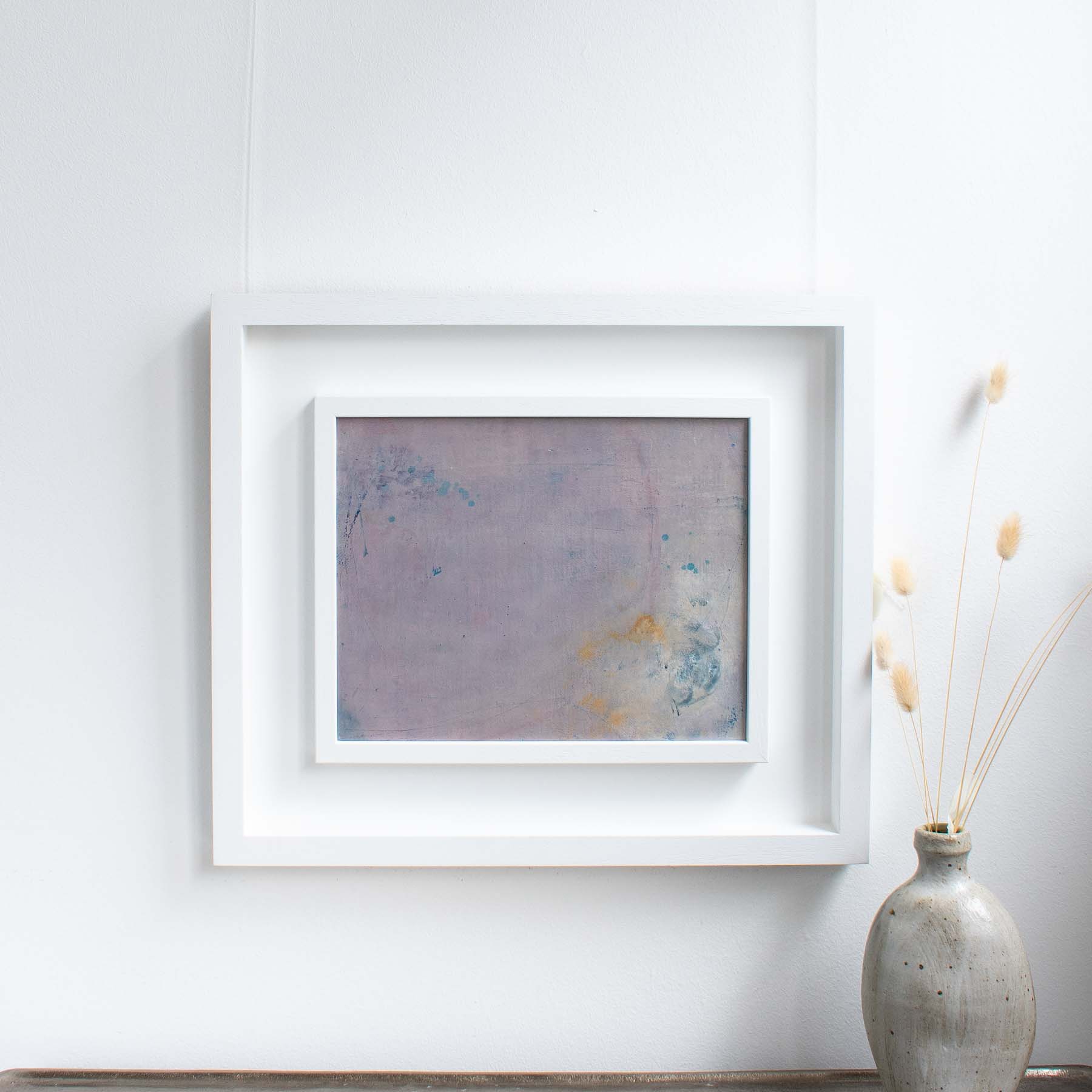 Original oil and cold wax abstract artwork in shades of pink in a white wood frame by Helen Leaver