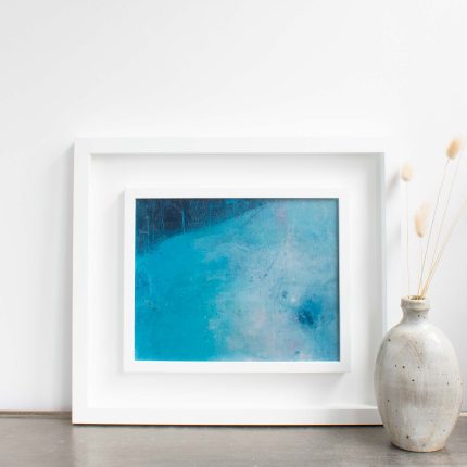 Original oil and cold wax abstract artwork in shades of blue in a white wood frame by Helen Leaver