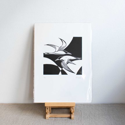 Black and white lino print of terns by Riverbird Studio