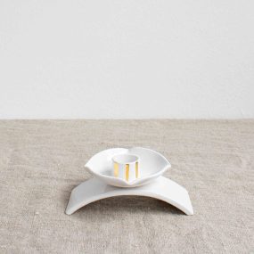 Porcelain Candleholder With Gold Accents On A Linen Tablecloth By Frances Spice