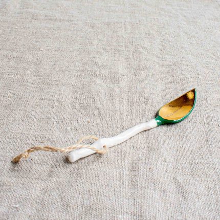 Porcelain spoon with branch handle and green and gold leaf bowl by Frances Spice