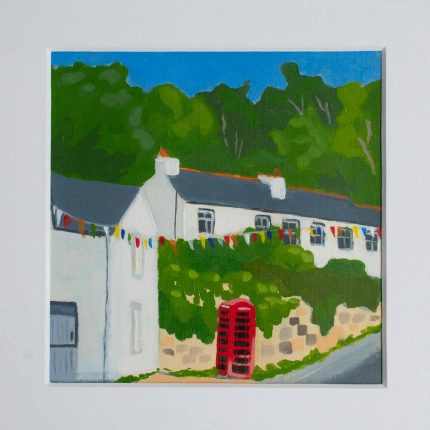 Painting of cottages and red phone box with blue sky in white mount by Karen Hemsley-Biggs