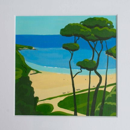 Painting of trees on the coast with blue sky in white mount by Karen Hemsley-Biggs