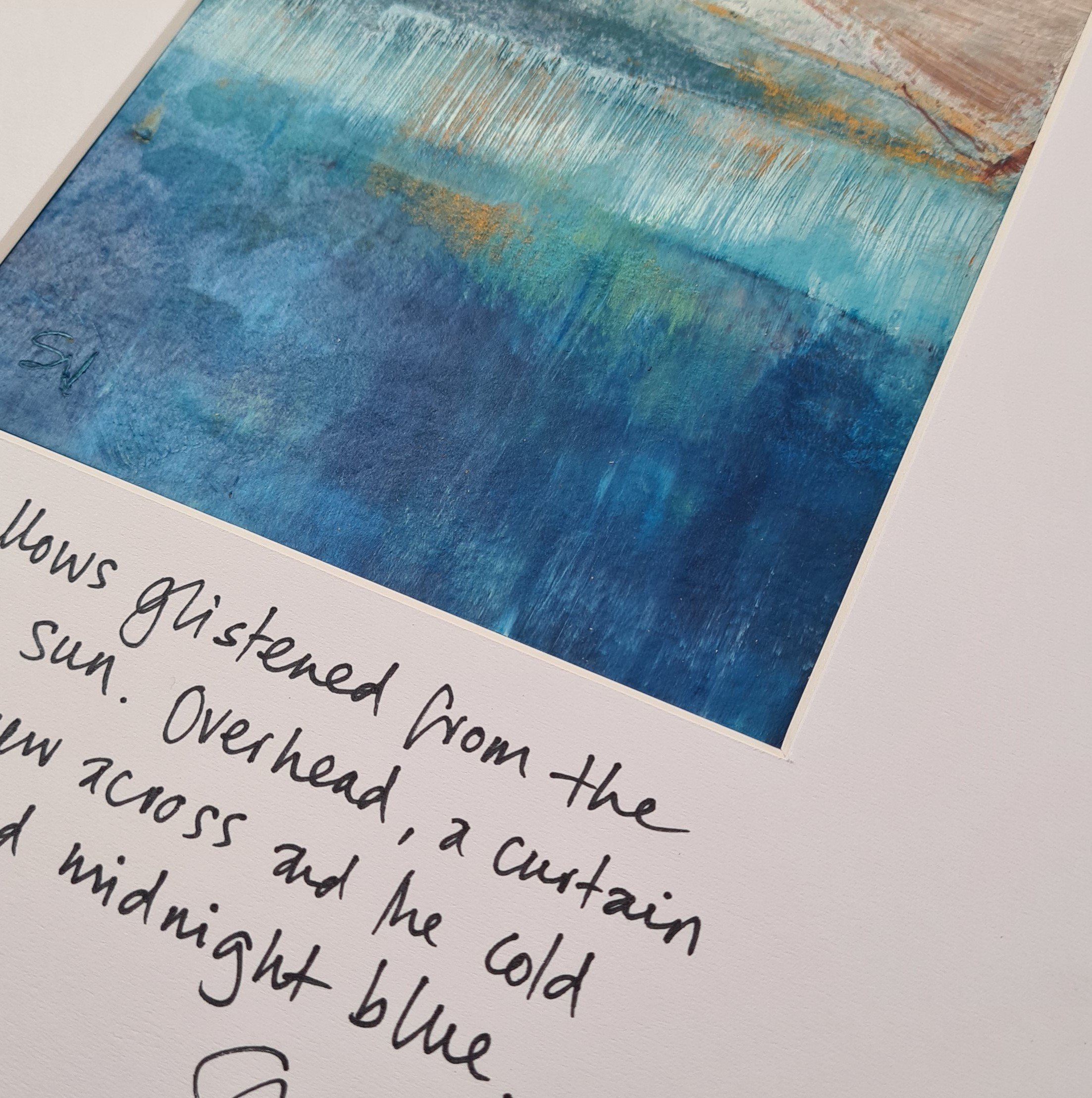 Close up of abstract blue and pink painting with mount and handwritten prose by Sophie Velzian