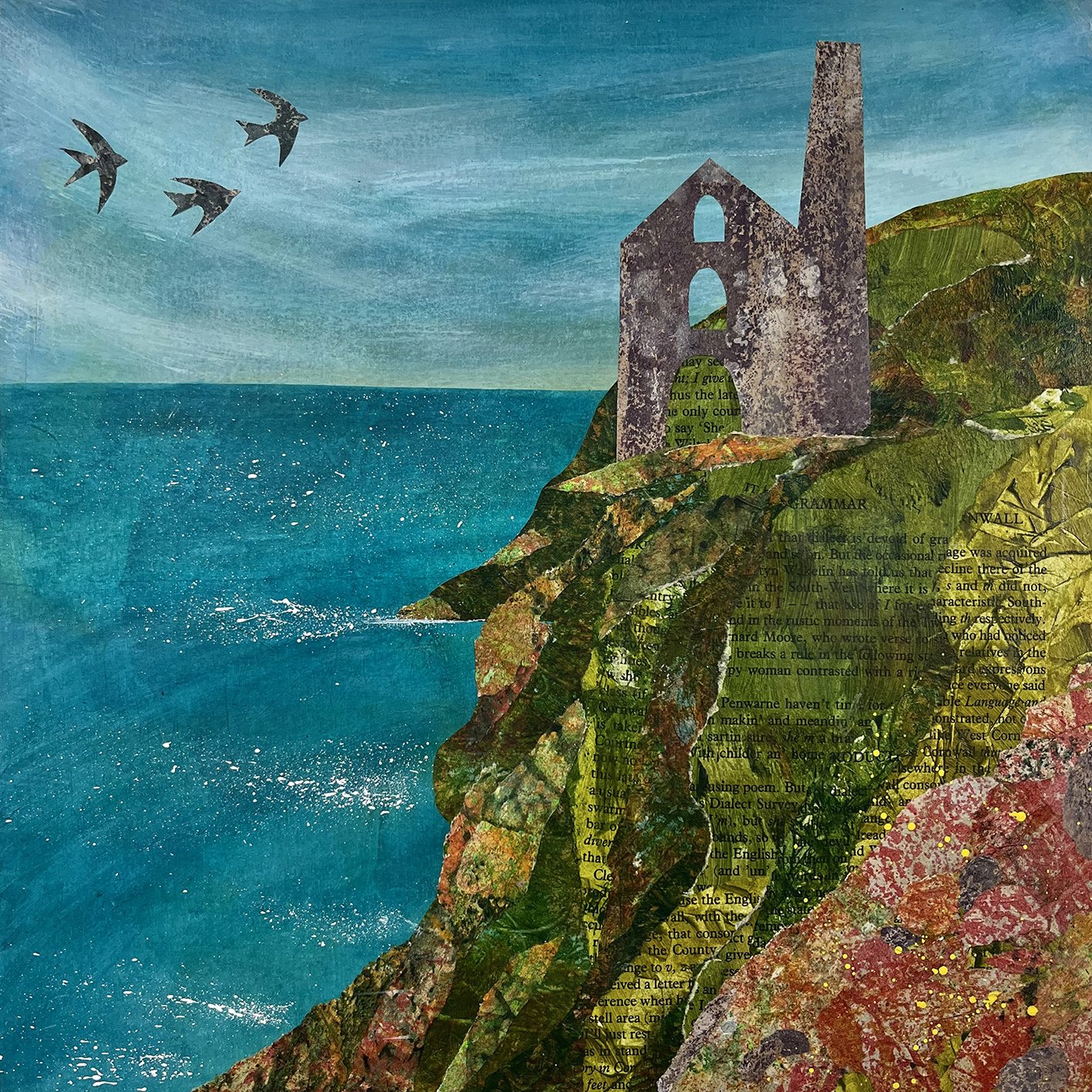 Print of a collage of a tin mine on the cliff by Jane Wilson