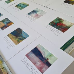 Display Of Abstract Paintings With Mounts And Handwritten Prose By Sophie Velzian