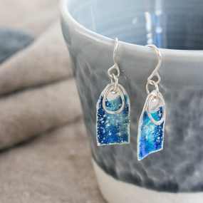 Silver & Enamel Deep Blue Arch Drop Earrings