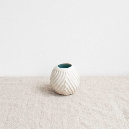 Small Round Stoneware Carved Vessel - Image 2